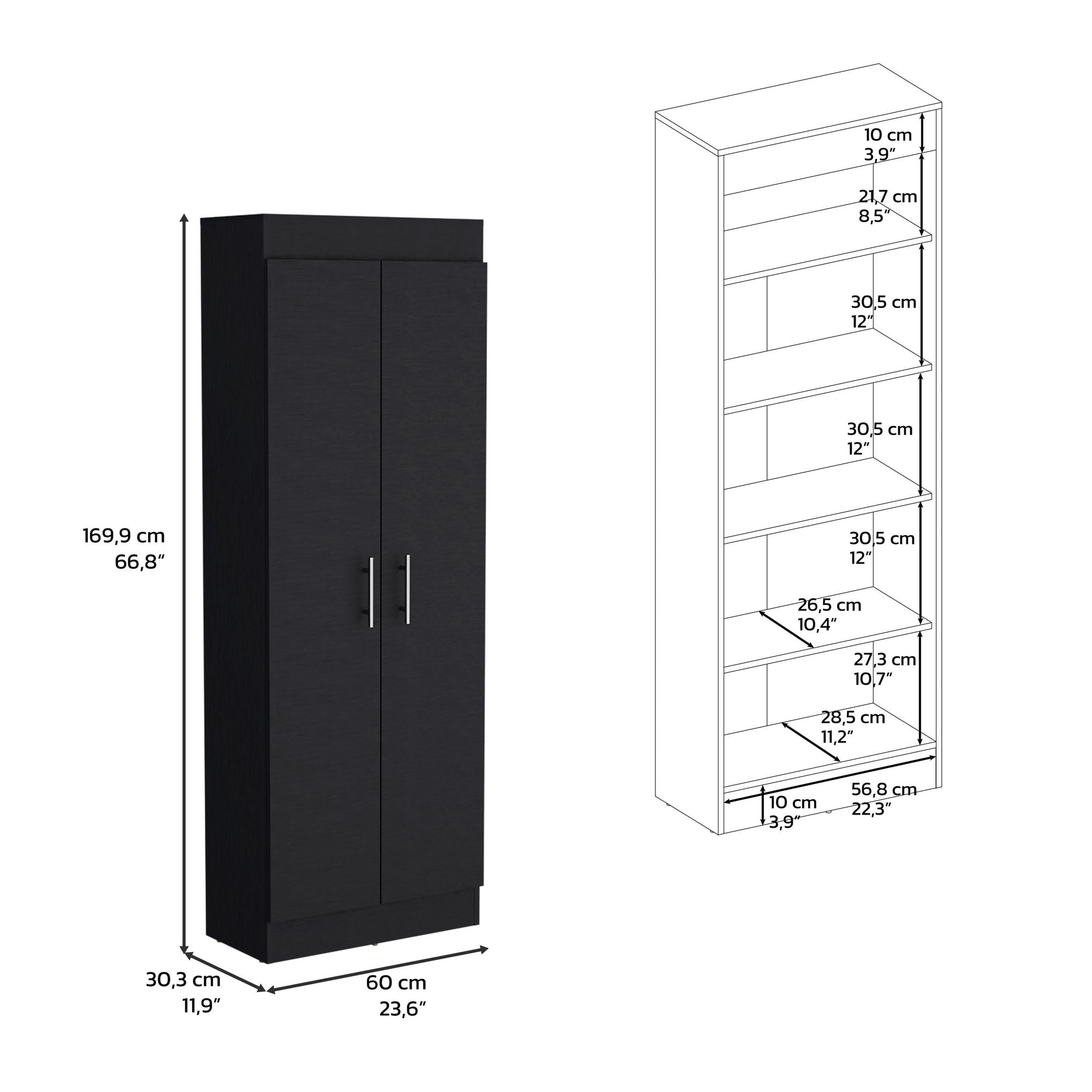 Modern Black Pantry Cabinet with Five Spacious Shelves