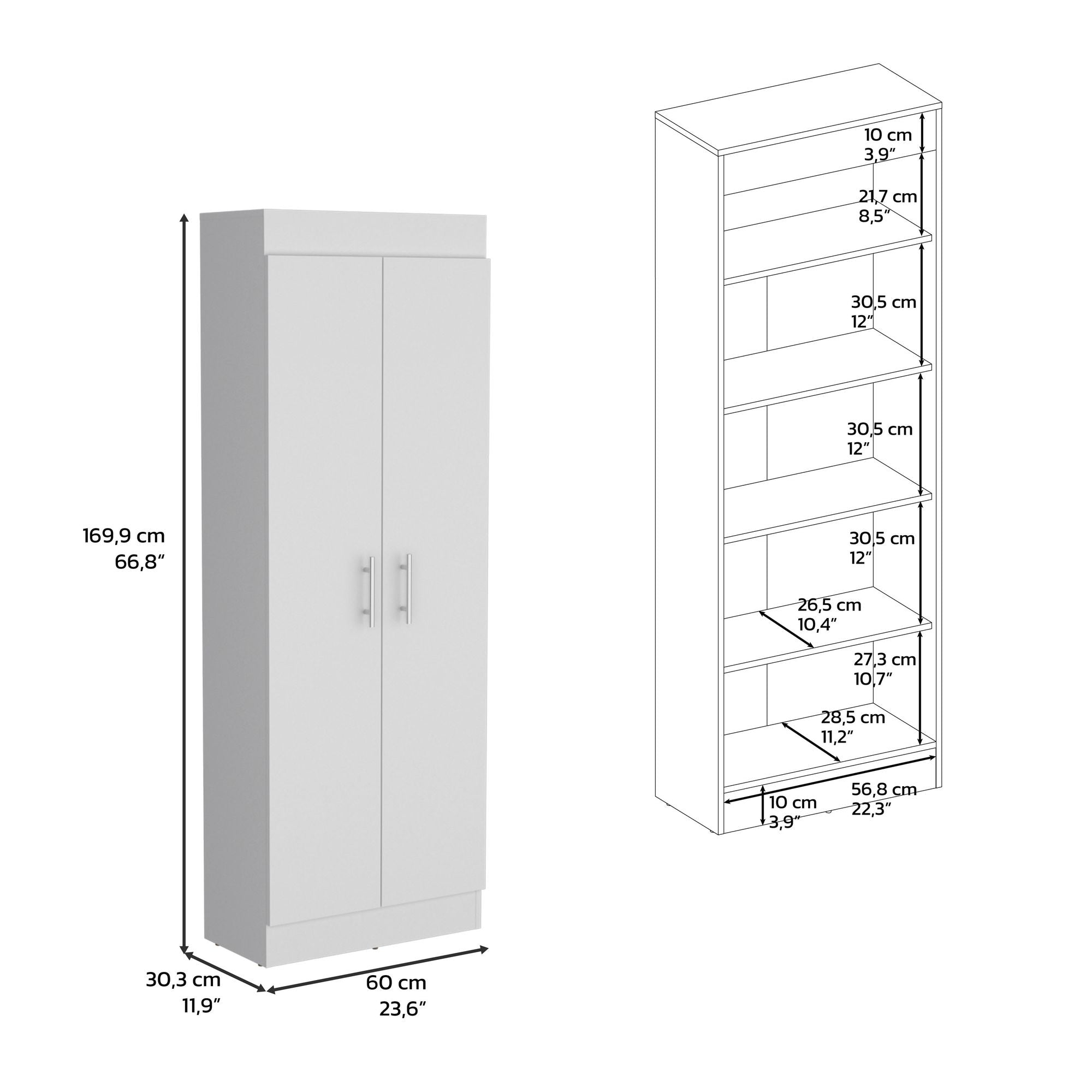 Pantry Cabinet 67" H, 5 Internal Shelves, Two Doors, White