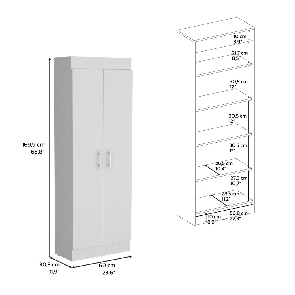 Pantry Cabinet 67" H, 5 Internal Shelves, Two Doors, White