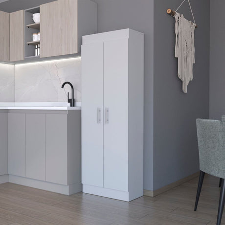 Clinton Pantry Cabinet – White Kitchen Storage with Two Doors and Multiple Shelves