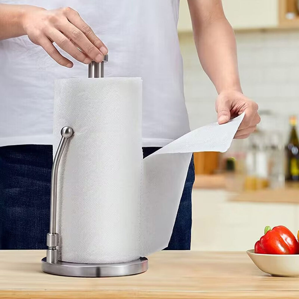 Stainless Steel Paper Towel Holder with Weighted Base and Spring Arm