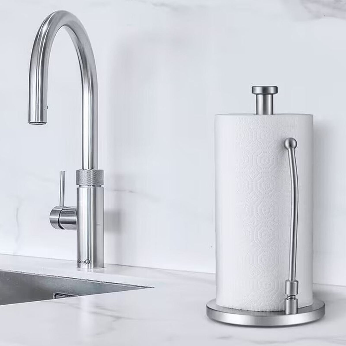 Stainless Steel Paper Towel Holder with Weighted Base and Spring Arm