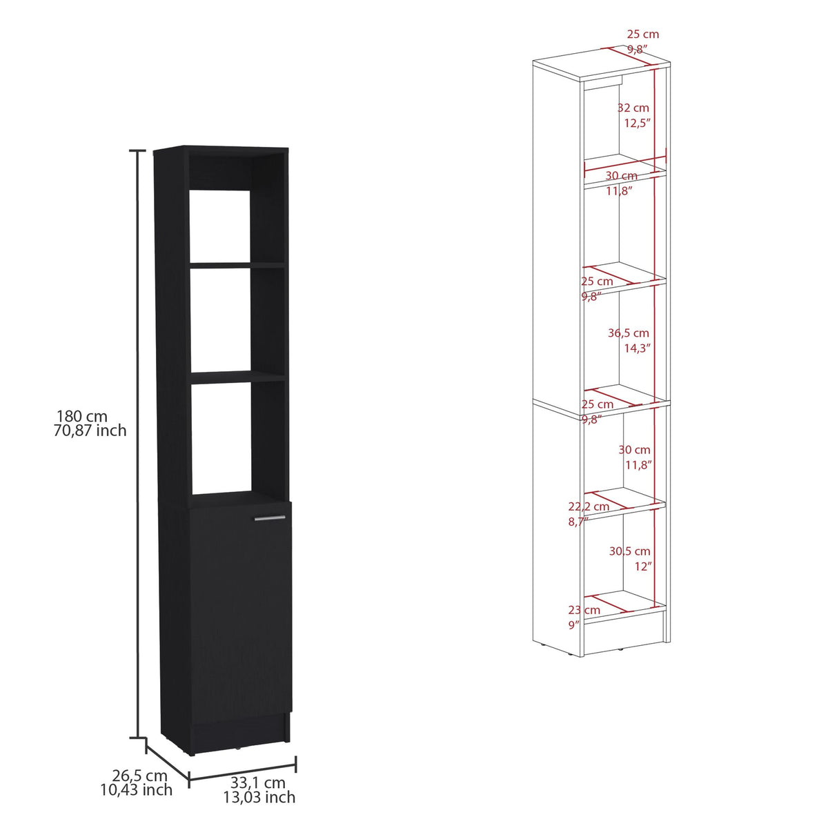 Tall Single-Door Storage Cabinet with Adjustable Shelves for Bathroom or Kitchen