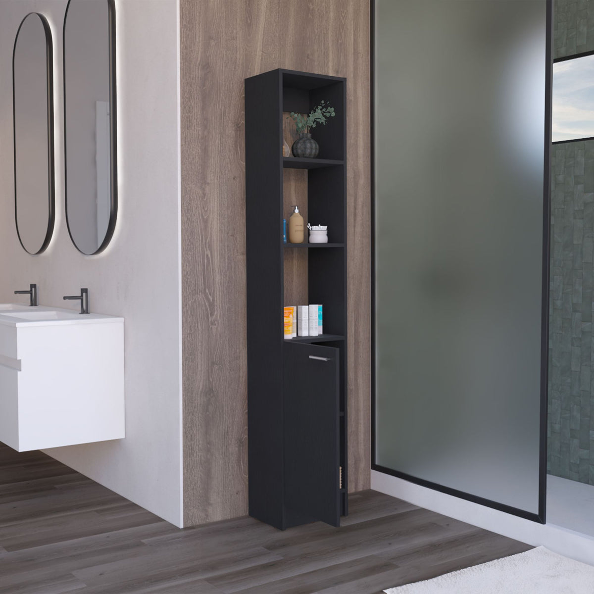 Tall Single-Door Storage Cabinet with Adjustable Shelves for Bathroom or Kitchen