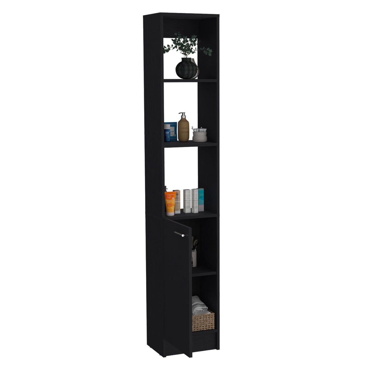 Tall Single-Door Storage Cabinet with Adjustable Shelves for Bathroom or Kitchen