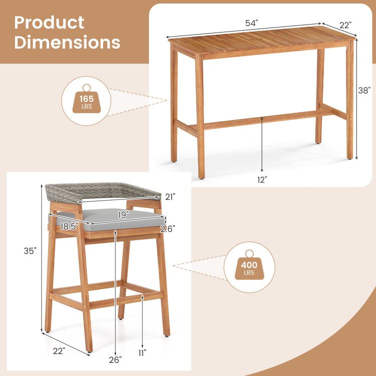 Acacia Wood Patio Bar Set with Comfortable Cushions