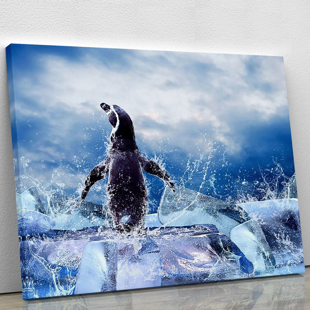 Penguin on Ice and Water Drops Wall Art