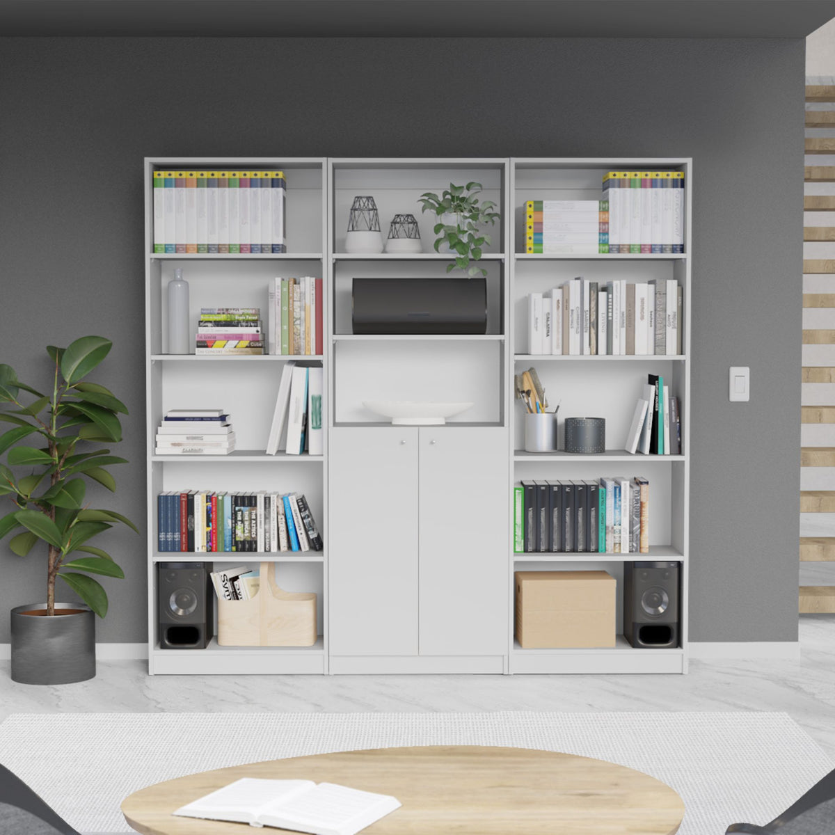 Penrose 3 Piece Living Room Set with 3 Bookcases, White