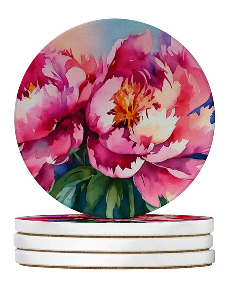 Peonies Watercolor Round Coaster Set