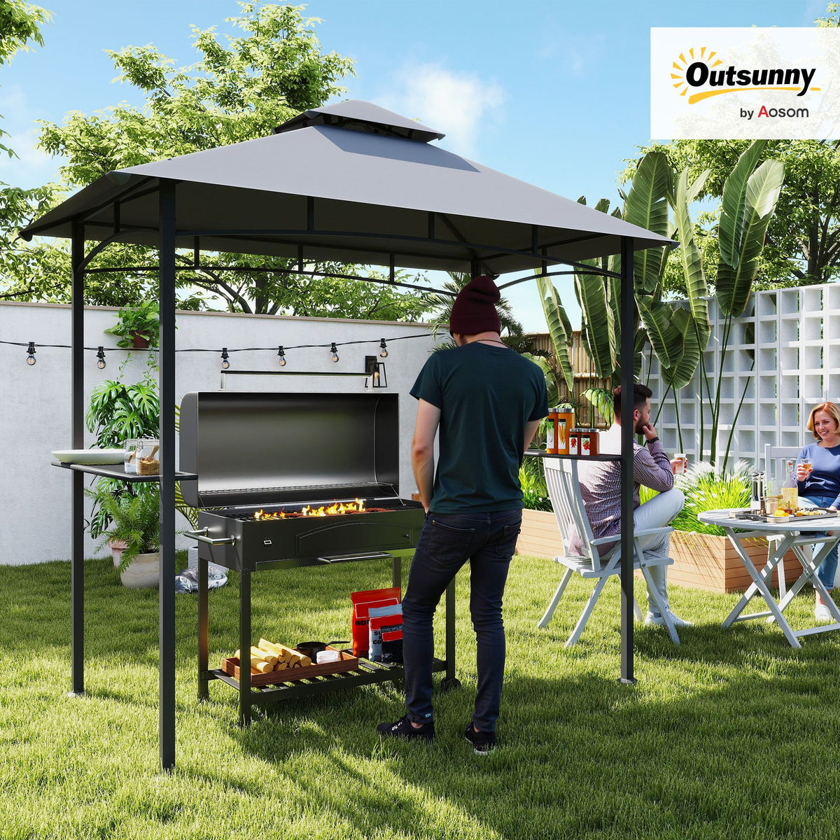 Panoramic Grill Gazebo with Storage Shelves and Bottle Opener