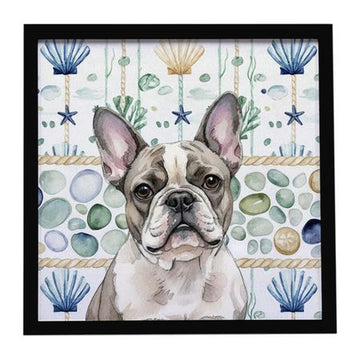 Pied French Bulldog Coastal Framed Wall Art