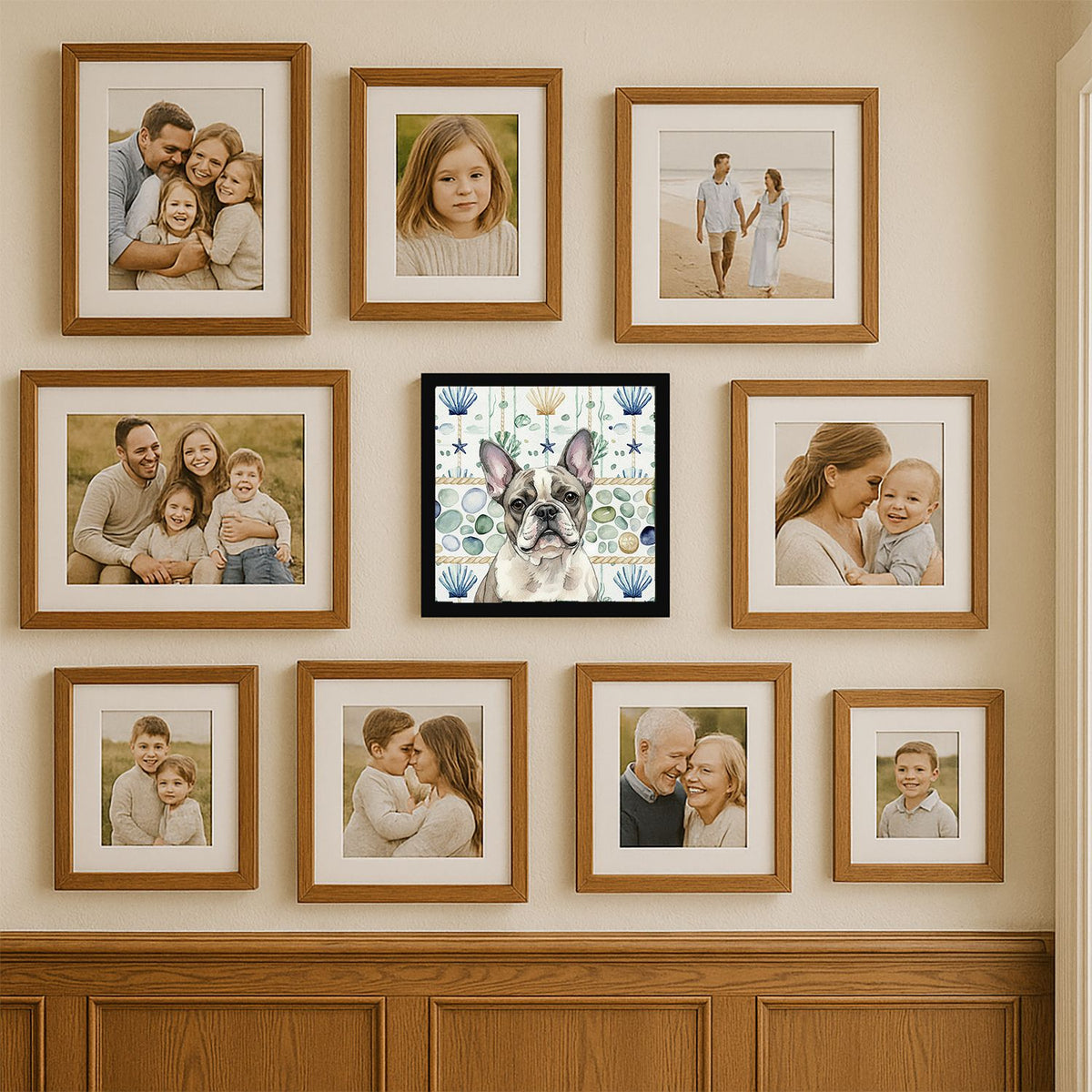 Pied French Bulldog Coastal Framed Wall Art