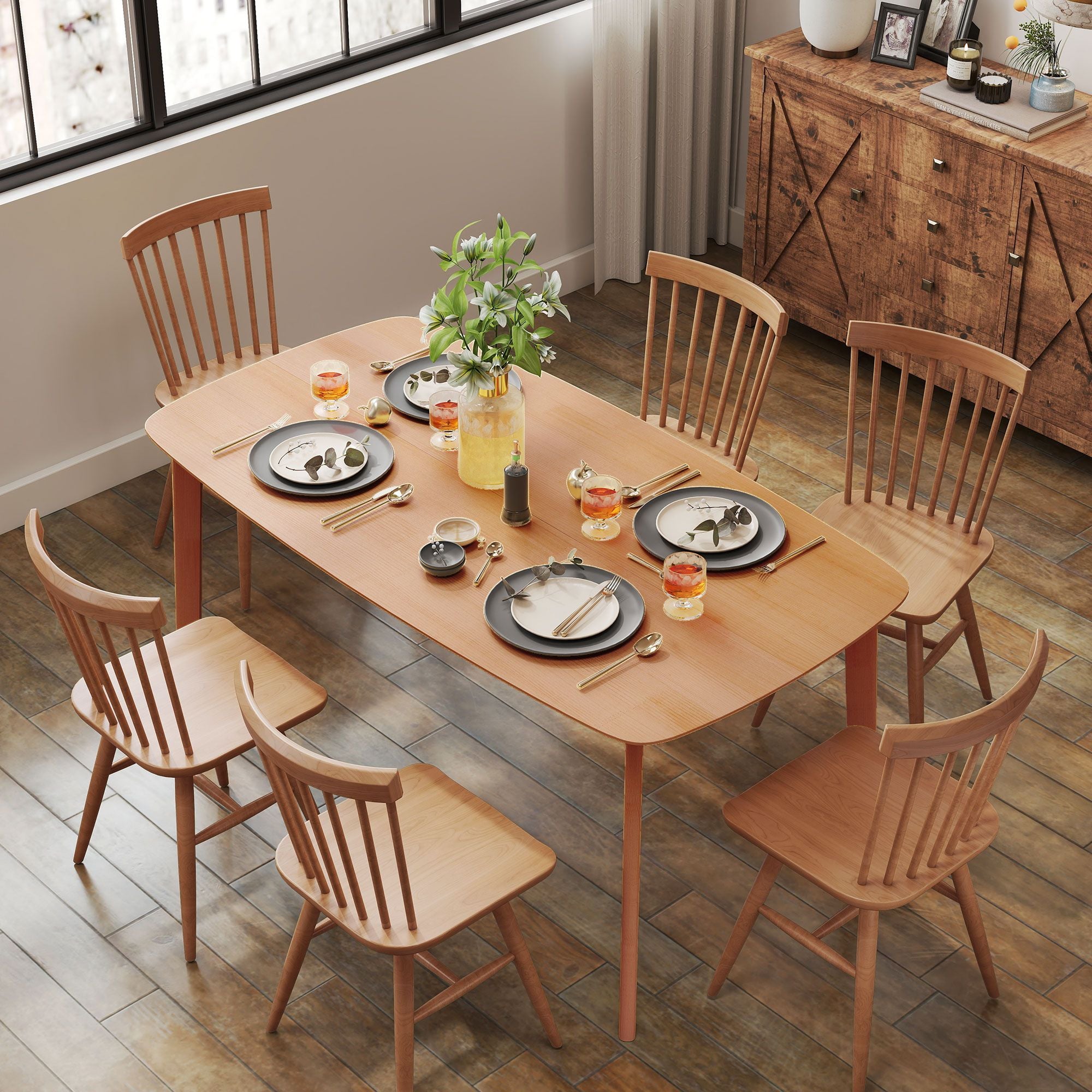 Rustic Pine Wood Dining Table for 6 - 47 Rectangular Kitchen Table