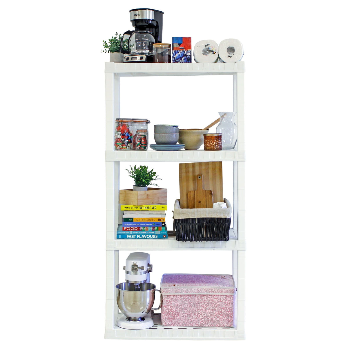 Four-Tier Shelving Unit with Tool-Free Snap-Fit Assembly