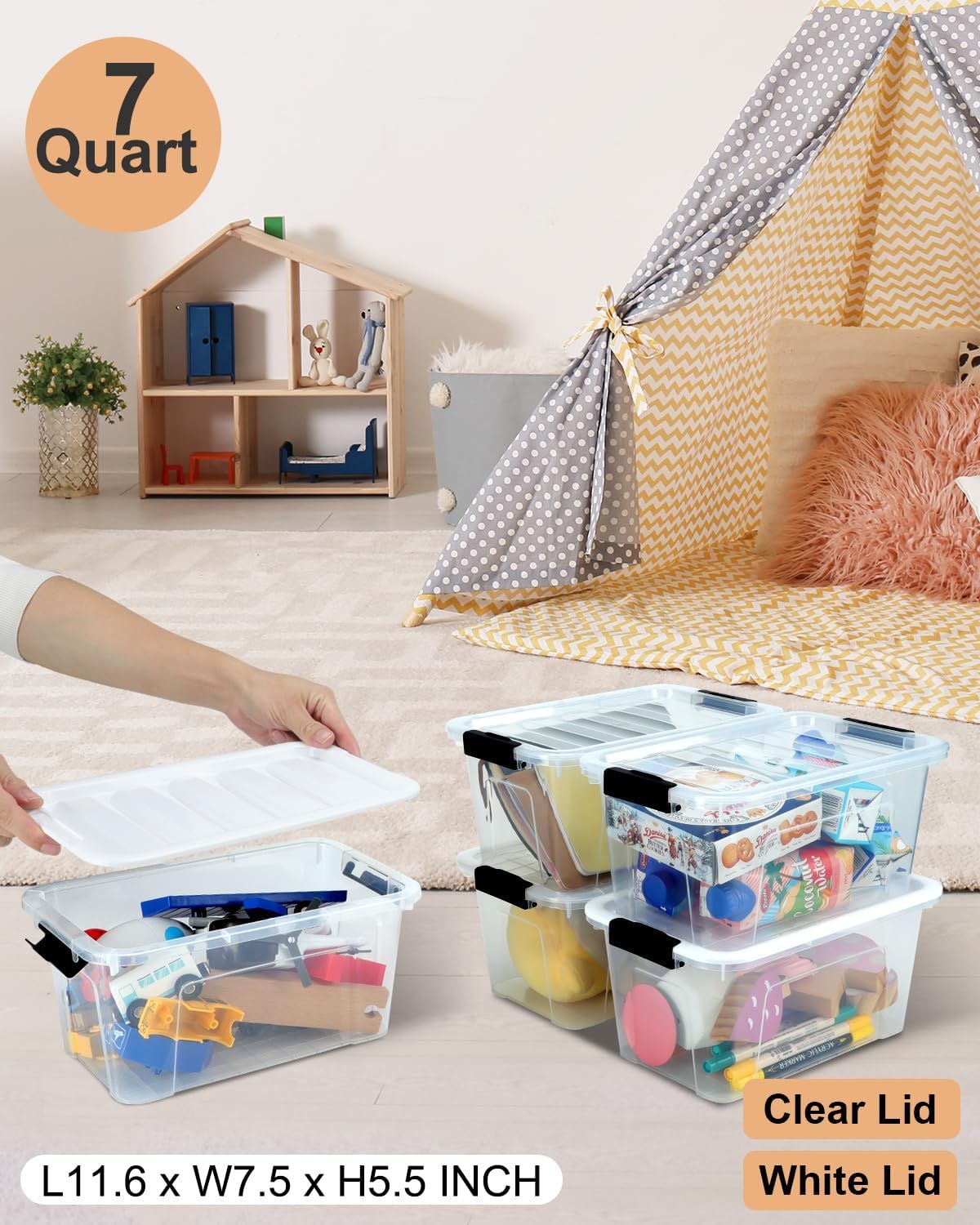 Clear Plastic Storage Bins with Lids – 6 Pack, 7 Quart, Stackable with Secure Buckle Latch