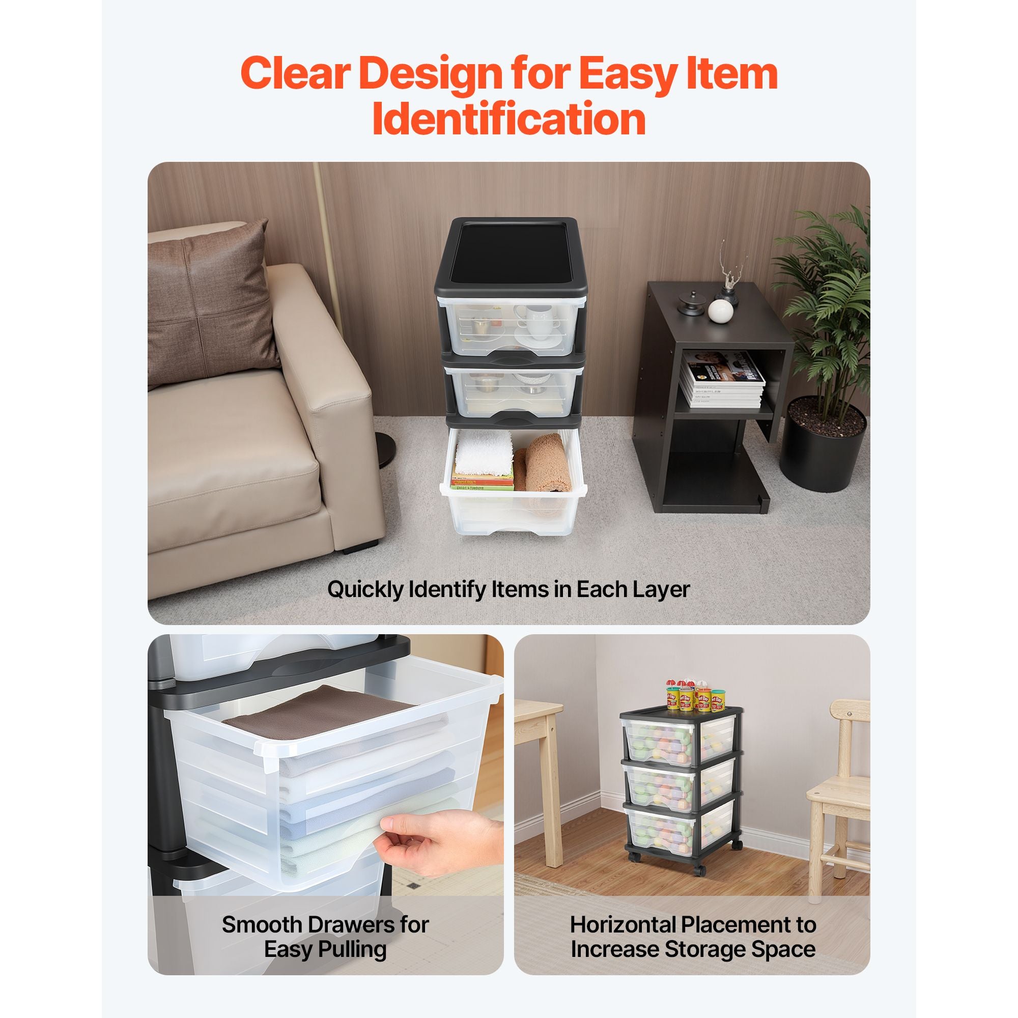 Clear 3-Drawer Rolling Storage Cart for Bedroom, Office, and Kitchen