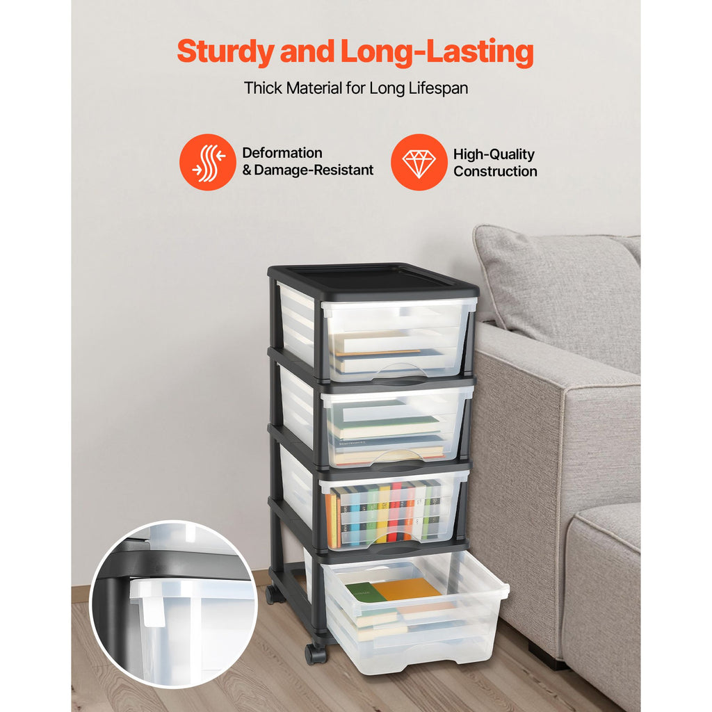 Clear 4-Drawer Storage Cart with Wheels – Space-Saving Organizer for Home & Office