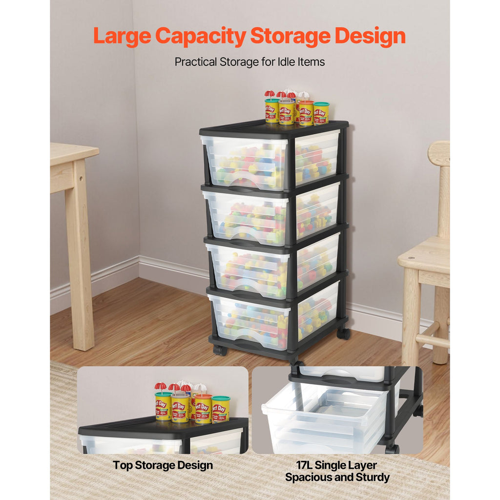 Clear 4-Drawer Storage Cart with Wheels – Space-Saving Organizer for Home & Office