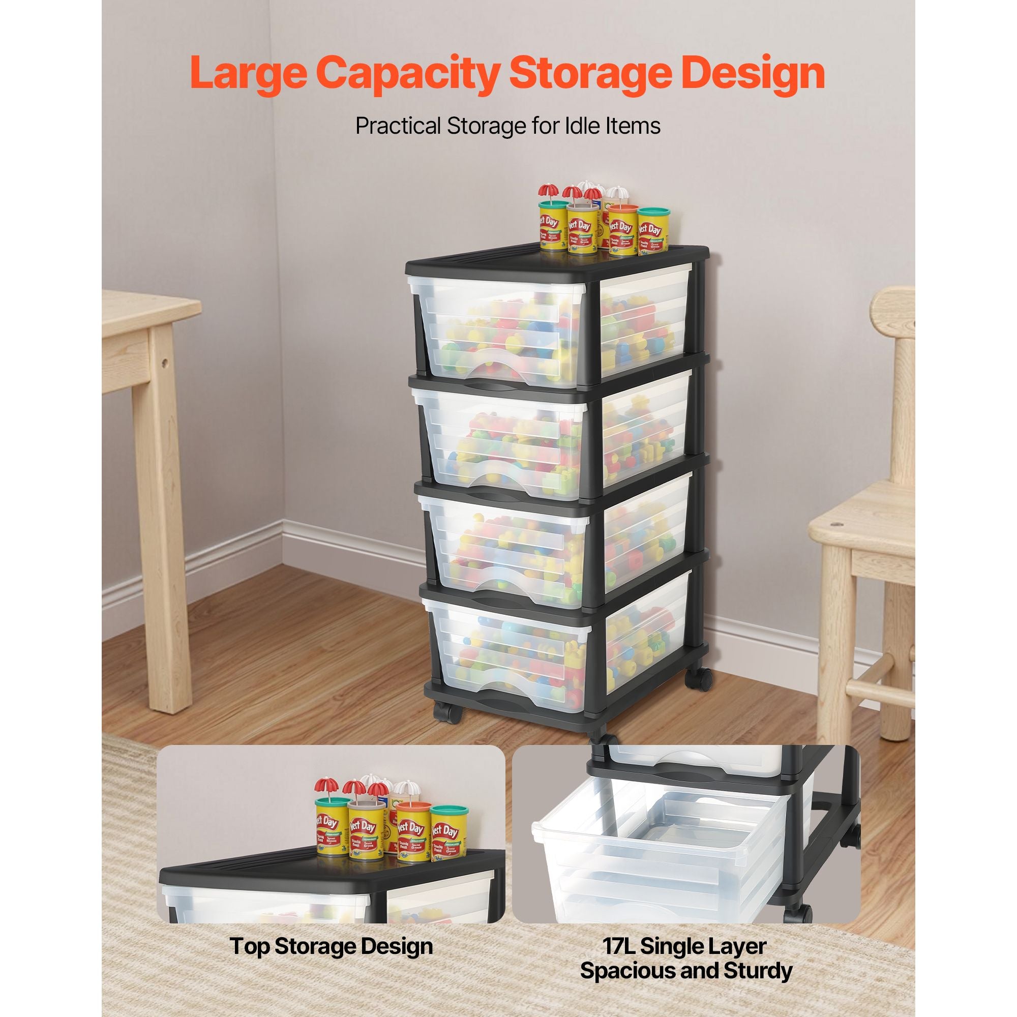 Clear 4-Drawer Storage Cart with Wheels – Space-Saving Organizer for Home & Office