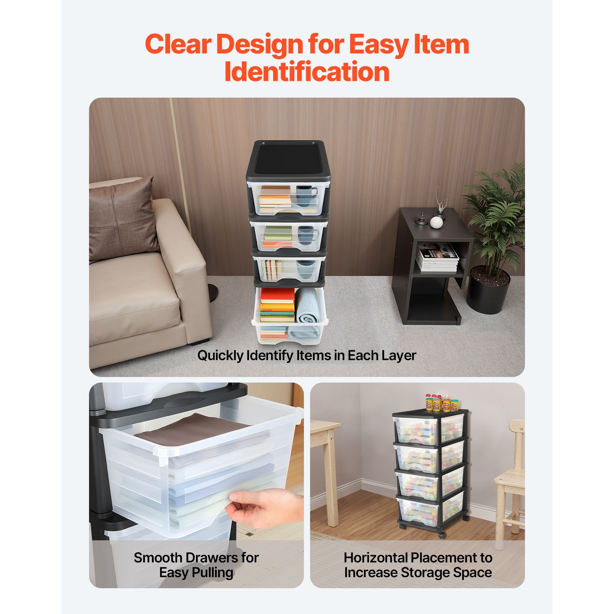 Clear 4-Drawer Storage Cart with Wheels – Space-Saving Organizer for Home & Office