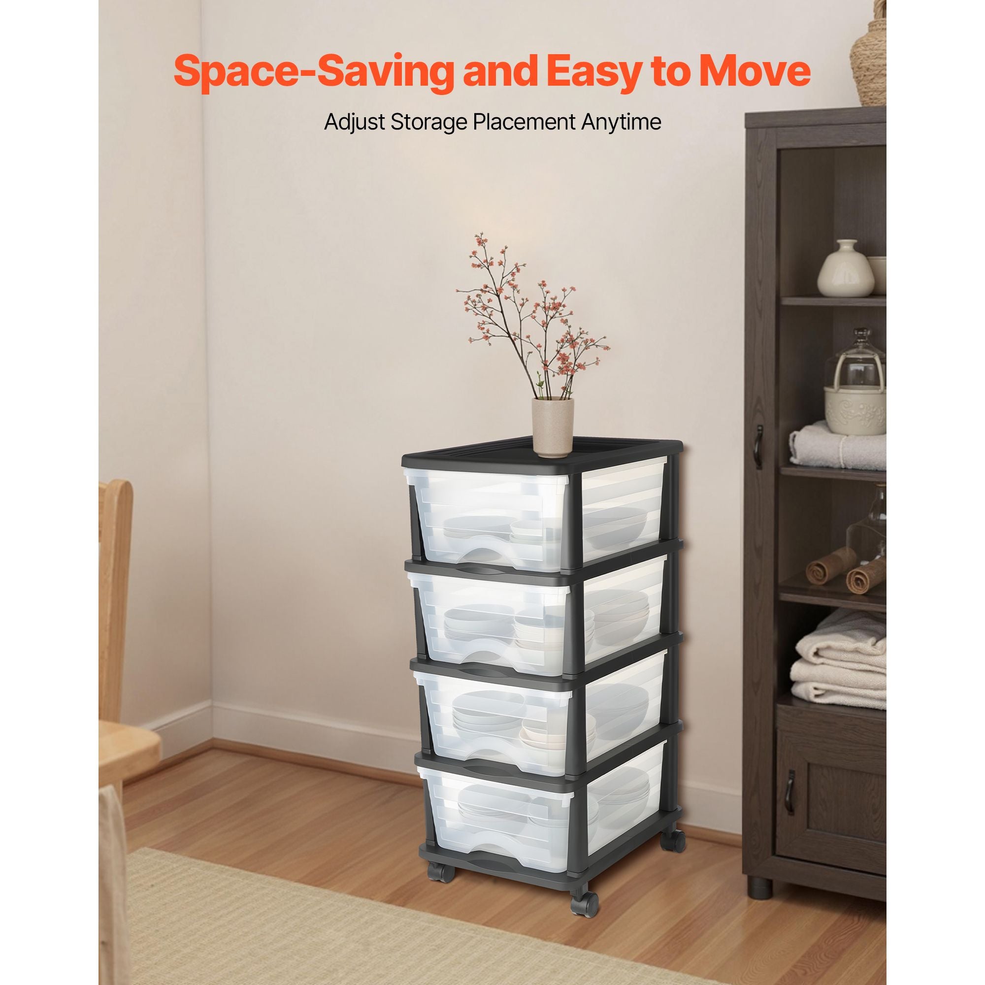Clear 4-Drawer Storage Cart with Wheels – Space-Saving Organizer for Home & Office
