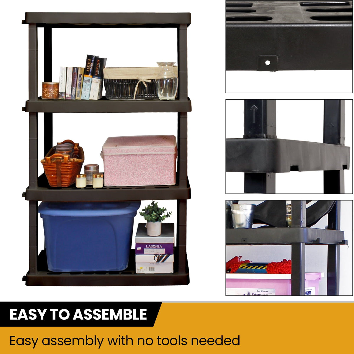 Four-Tier Shelving Unit That Snaps Together Without Tools
