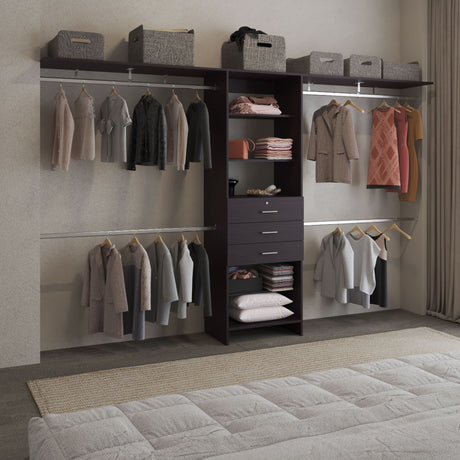 Adjustable Closet System with Shelves, Hanging Rods, and Drawers