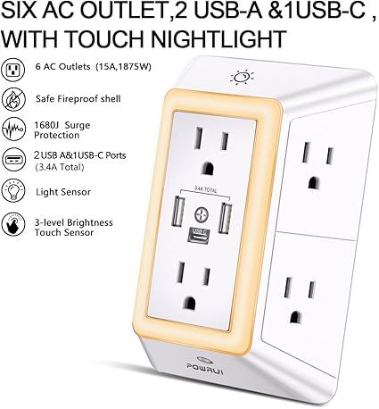 Plug Outlet Surge Protector Extender with USB Ports and Night Light