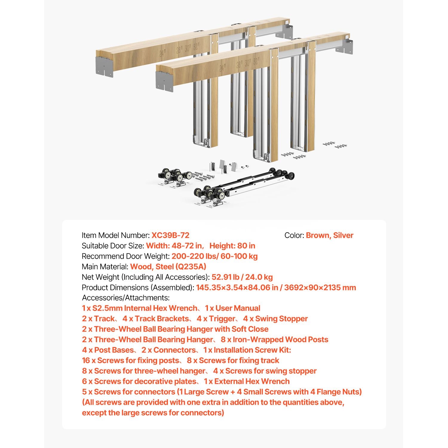 Pocket Door Frame Kit, for 48- Wide High Door, Pocket Door Kit with Two-Way Soft Close Me