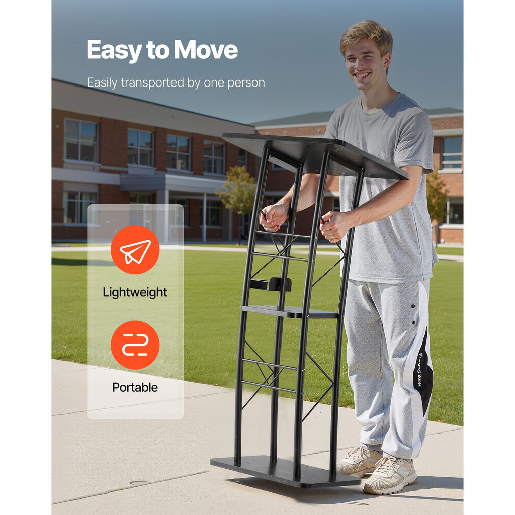 47- Curved Podium Stand with Open Storage and Cup Holder for Events