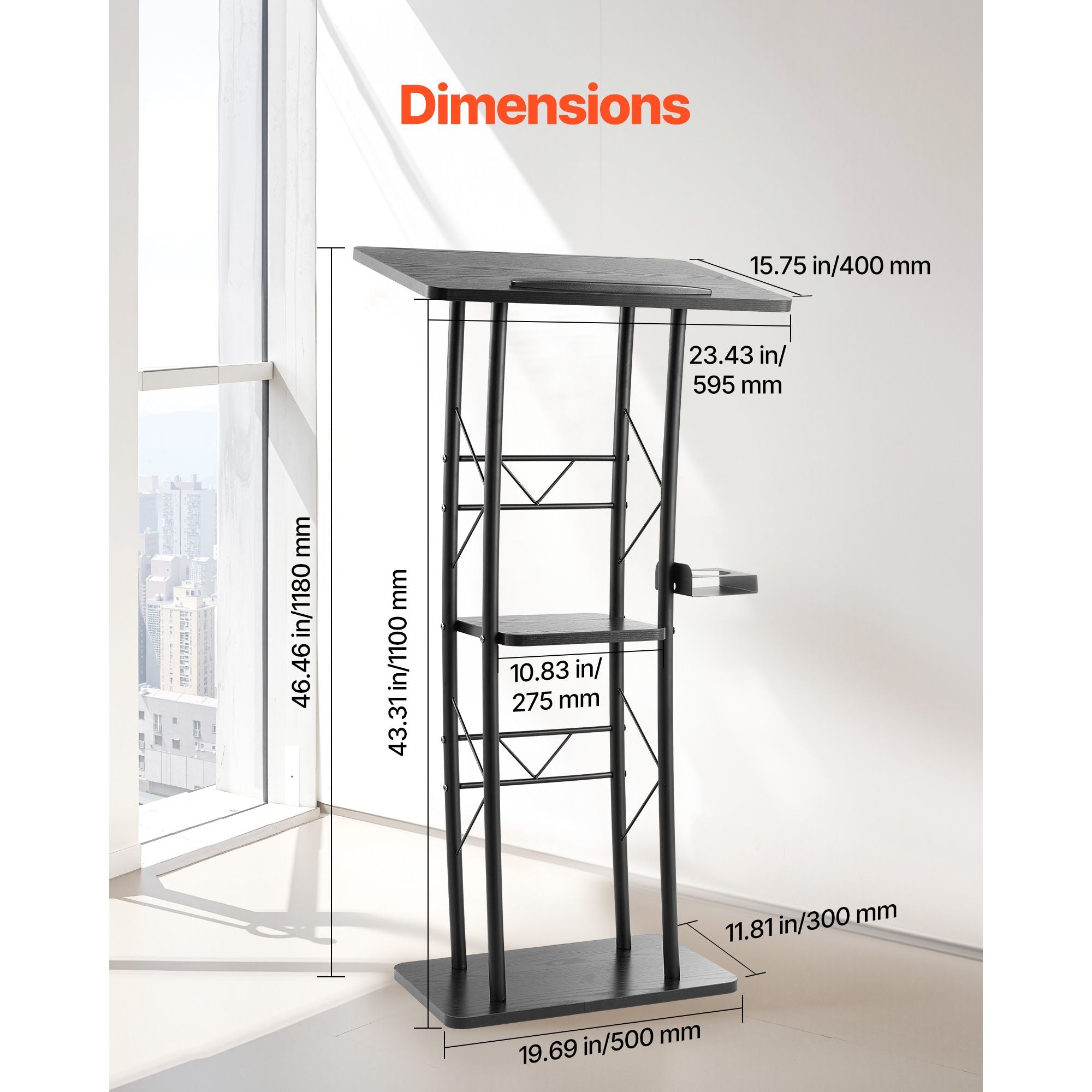 47- Curved Podium Stand with Open Storage and Cup Holder for Events