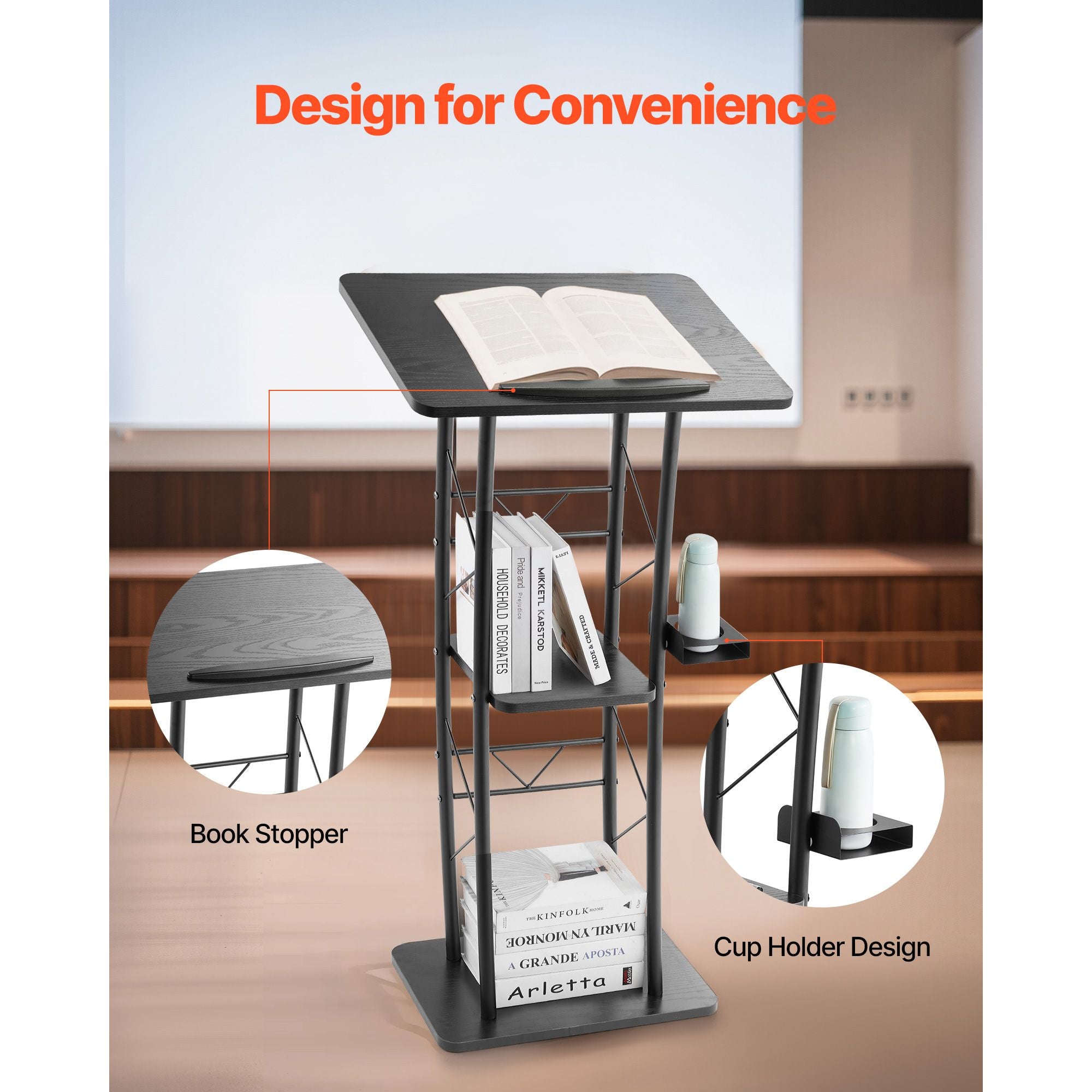 47- Curved Podium Stand with Open Storage and Cup Holder for Events