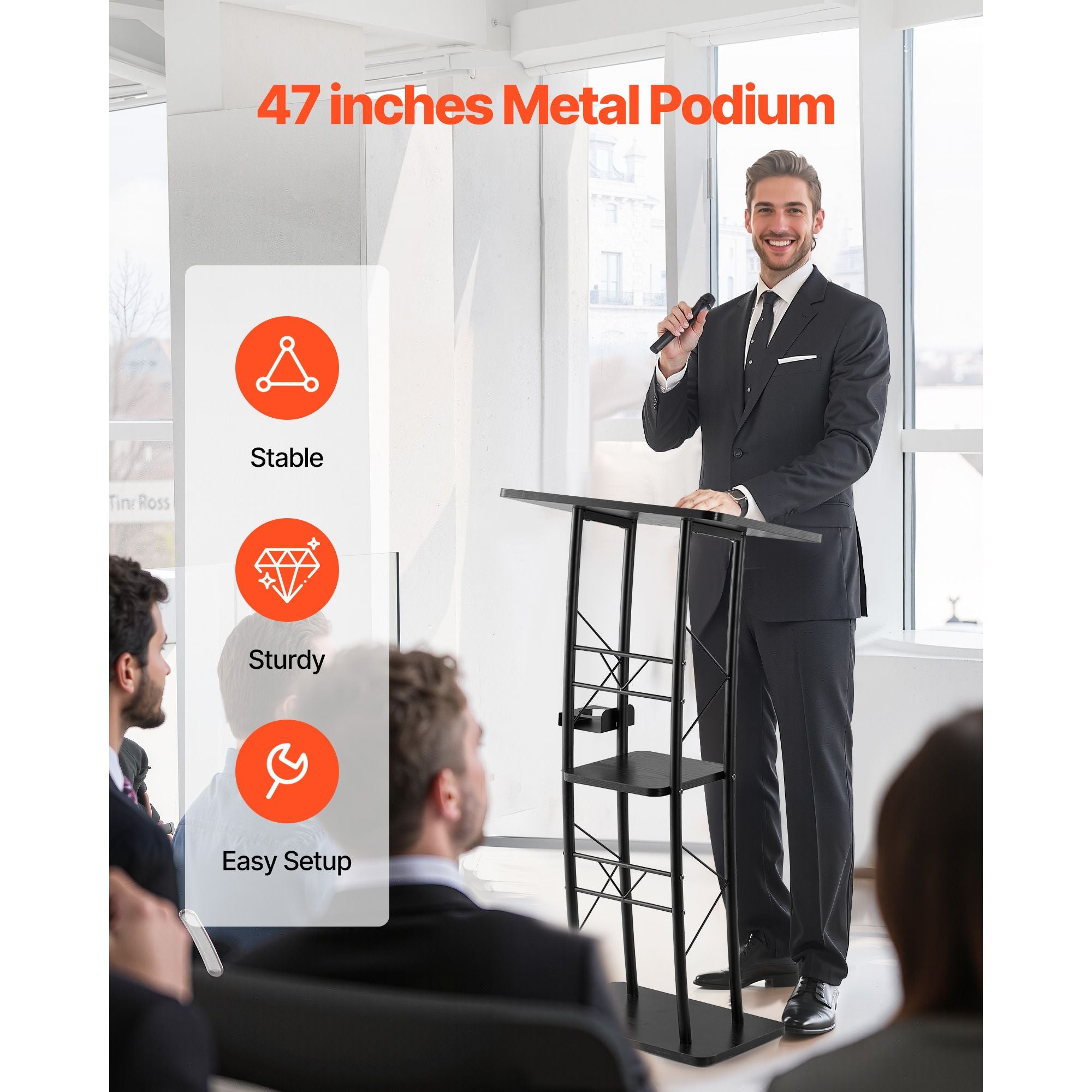 47- Curved Podium Stand with Open Storage and Cup Holder for Events