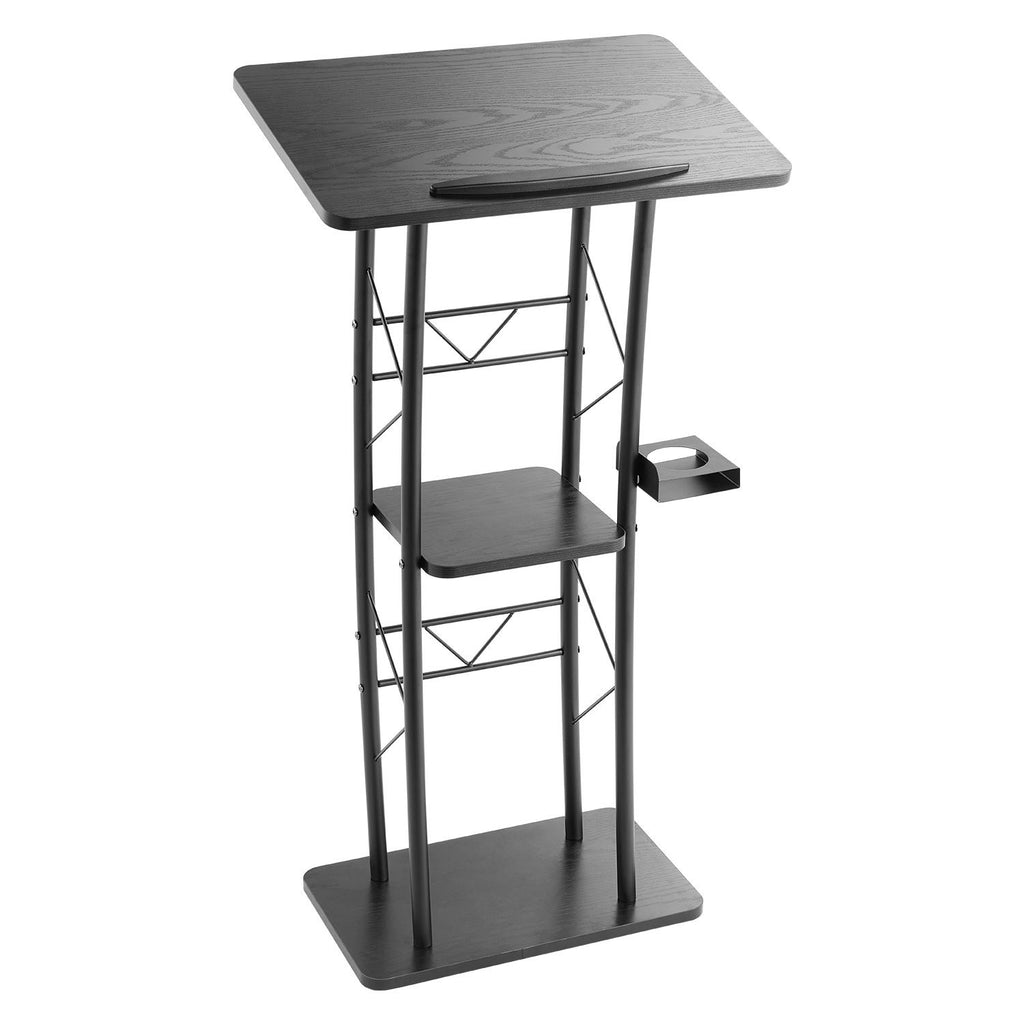 47- Curved Podium Stand with Open Storage and Cup Holder for Events