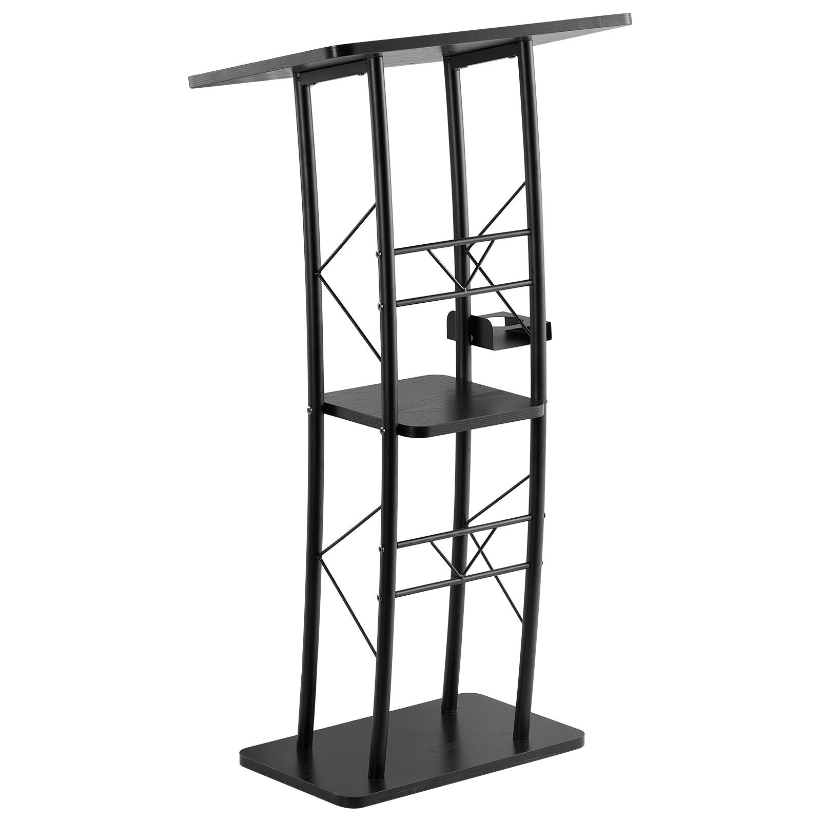 47- Curved Podium Stand with Open Storage and Cup Holder for Events