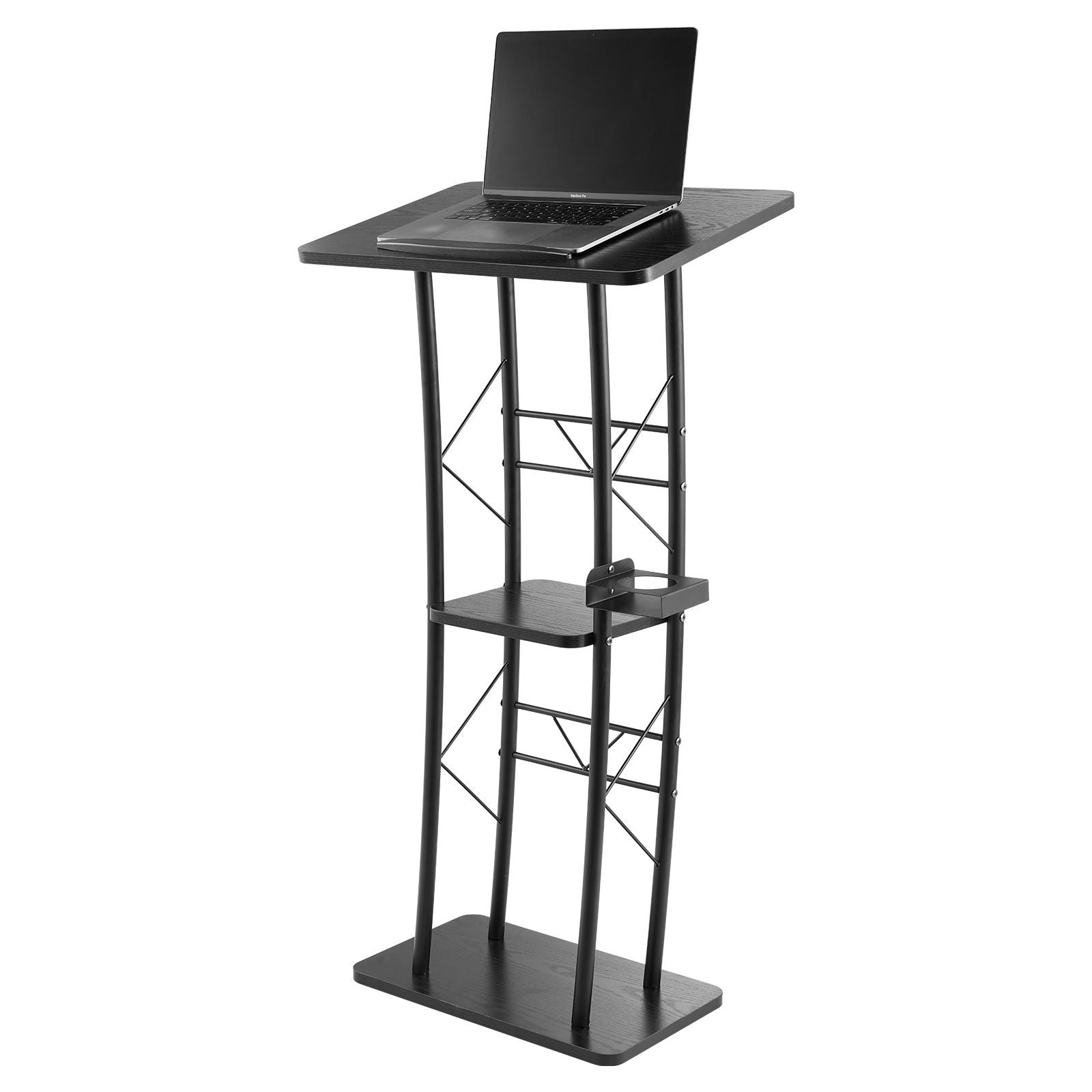47- Curved Podium Stand with Open Storage and Cup Holder for Events