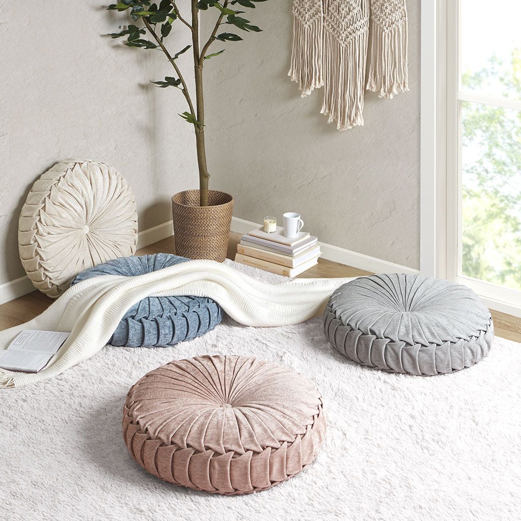 Poly Chenille Round Floor Pillow Cushion with Tufted Button Center