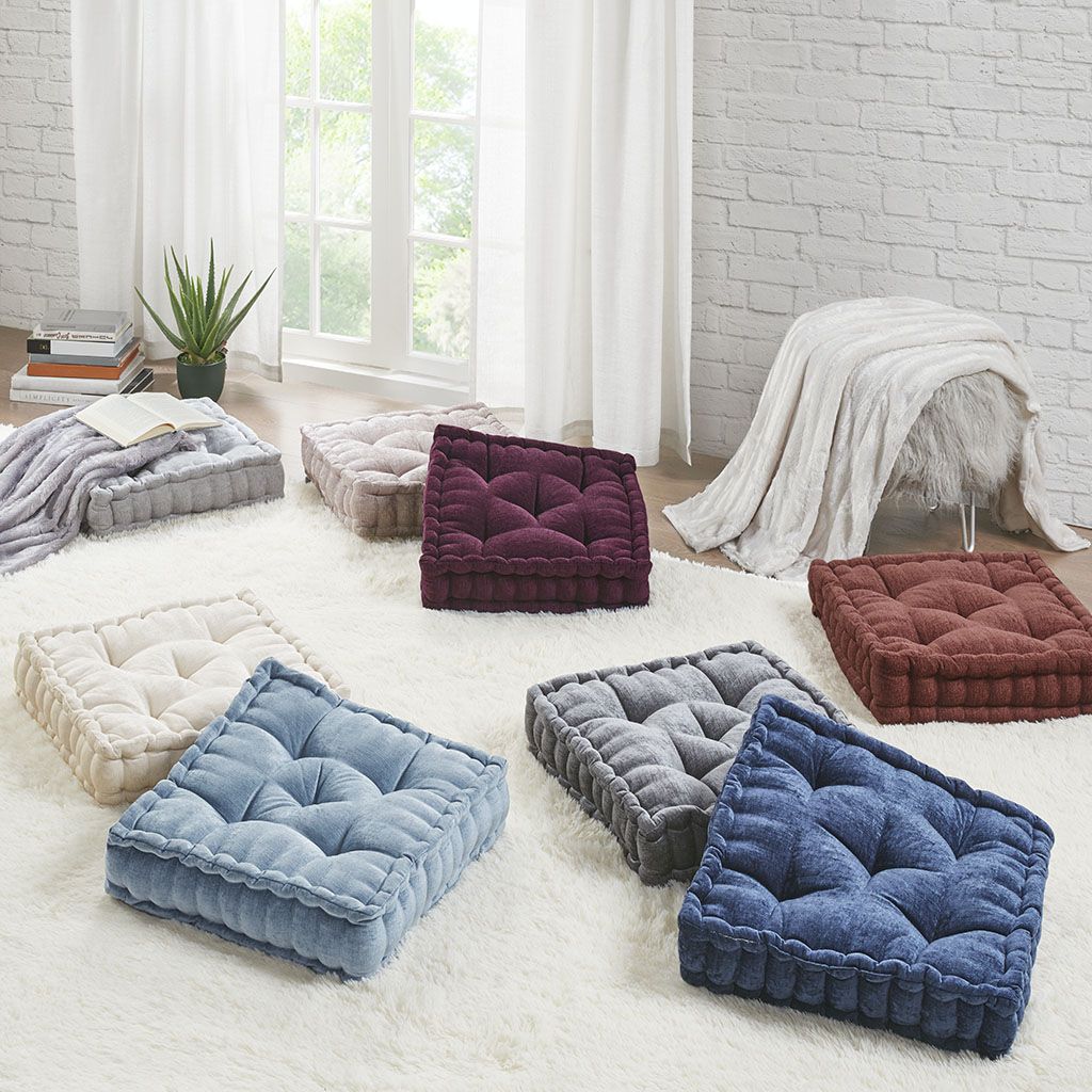 Aqua Textured Square Floor Cushion with Scalloped Edge