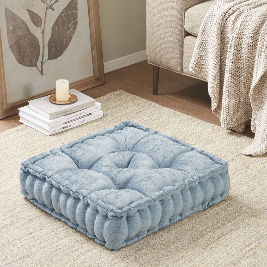 Aqua Textured Square Floor Cushion with Scalloped Edge