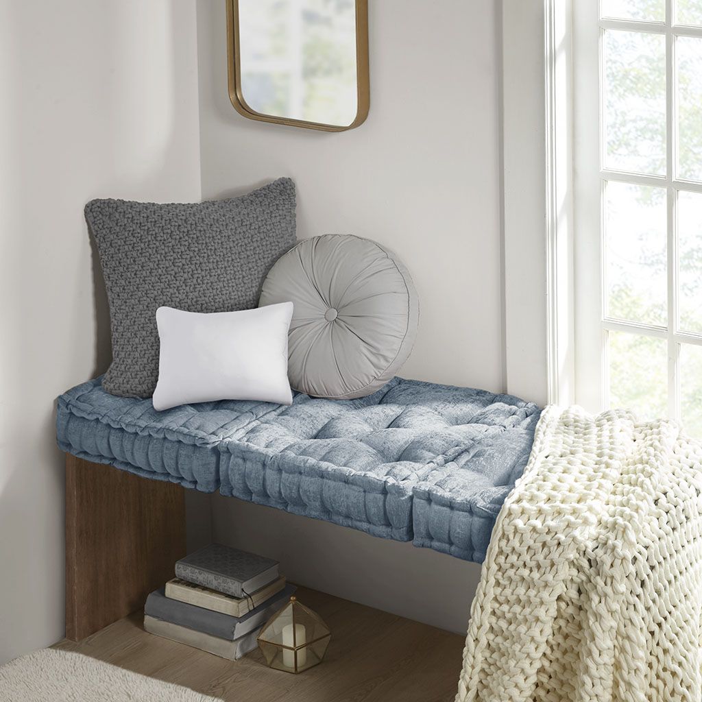 Aqua Textured Square Floor Cushion with Scalloped Edge