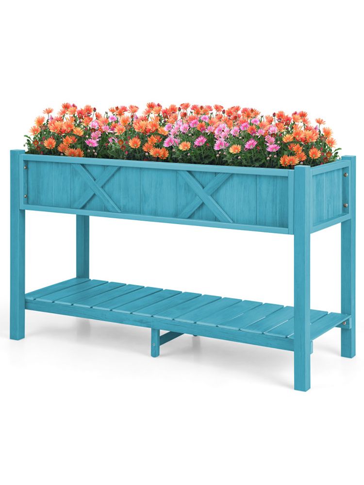 Elevated Planter Box with Storage Shelf and Efficient Drainage