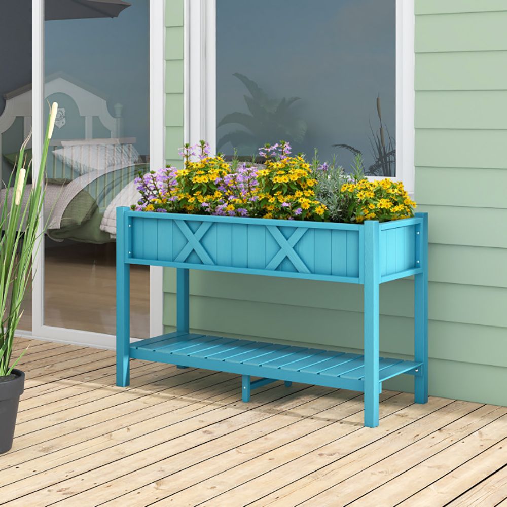 Elevated Planter Box with Storage Shelf and Efficient Drainage