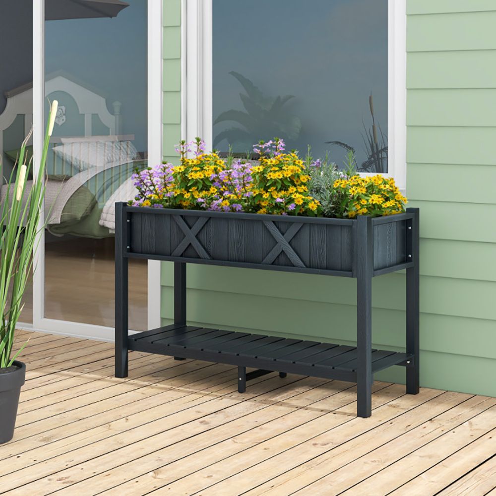 Elevated Planter Box with Storage Shelf and Efficient Drainage