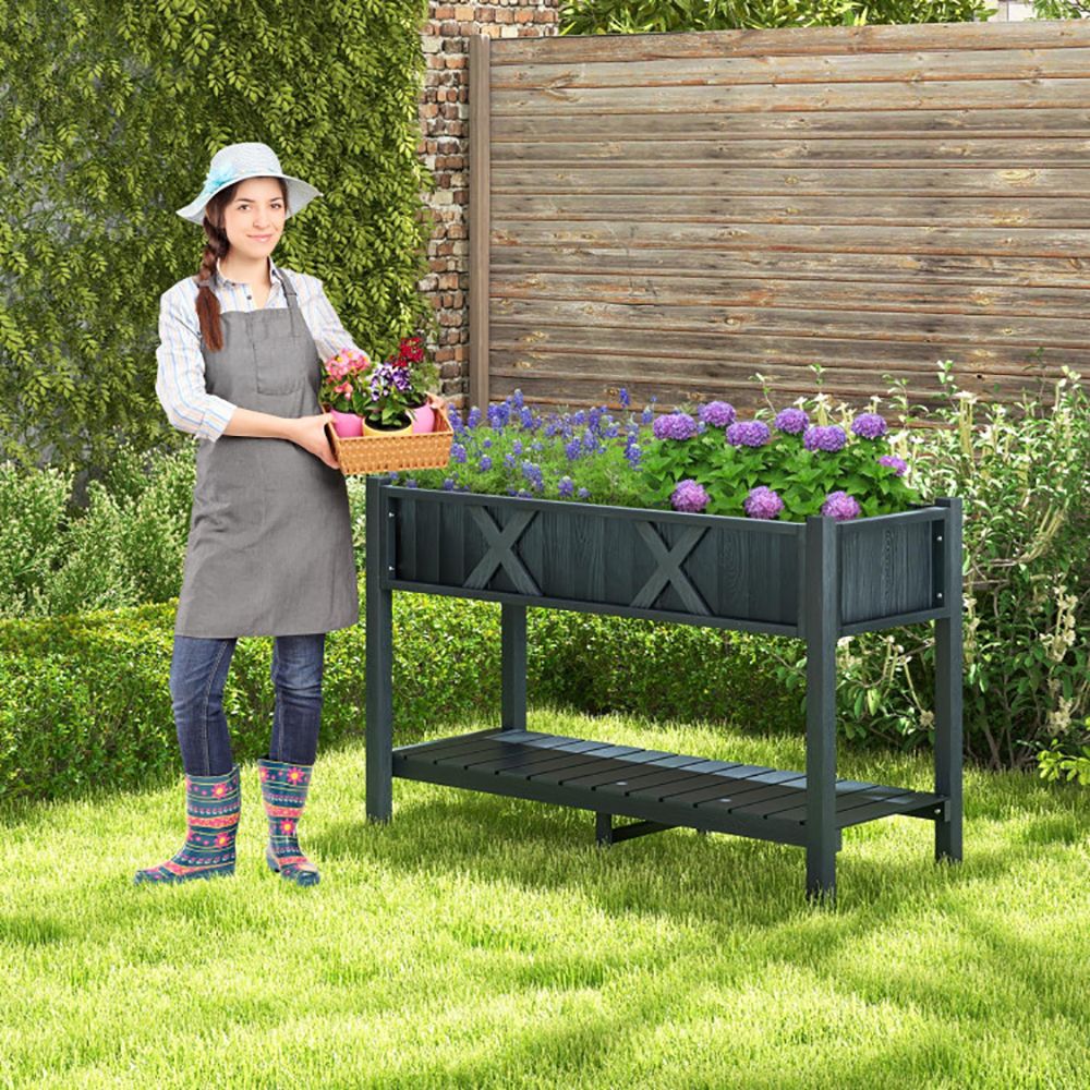Elevated Planter Box with Storage Shelf and Efficient Drainage