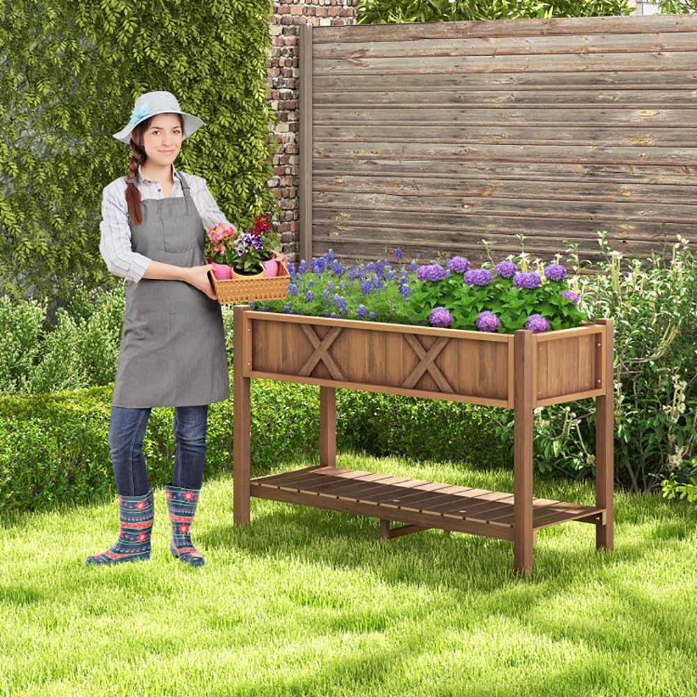 Elevated Planter Box with Storage Shelf and Efficient Drainage