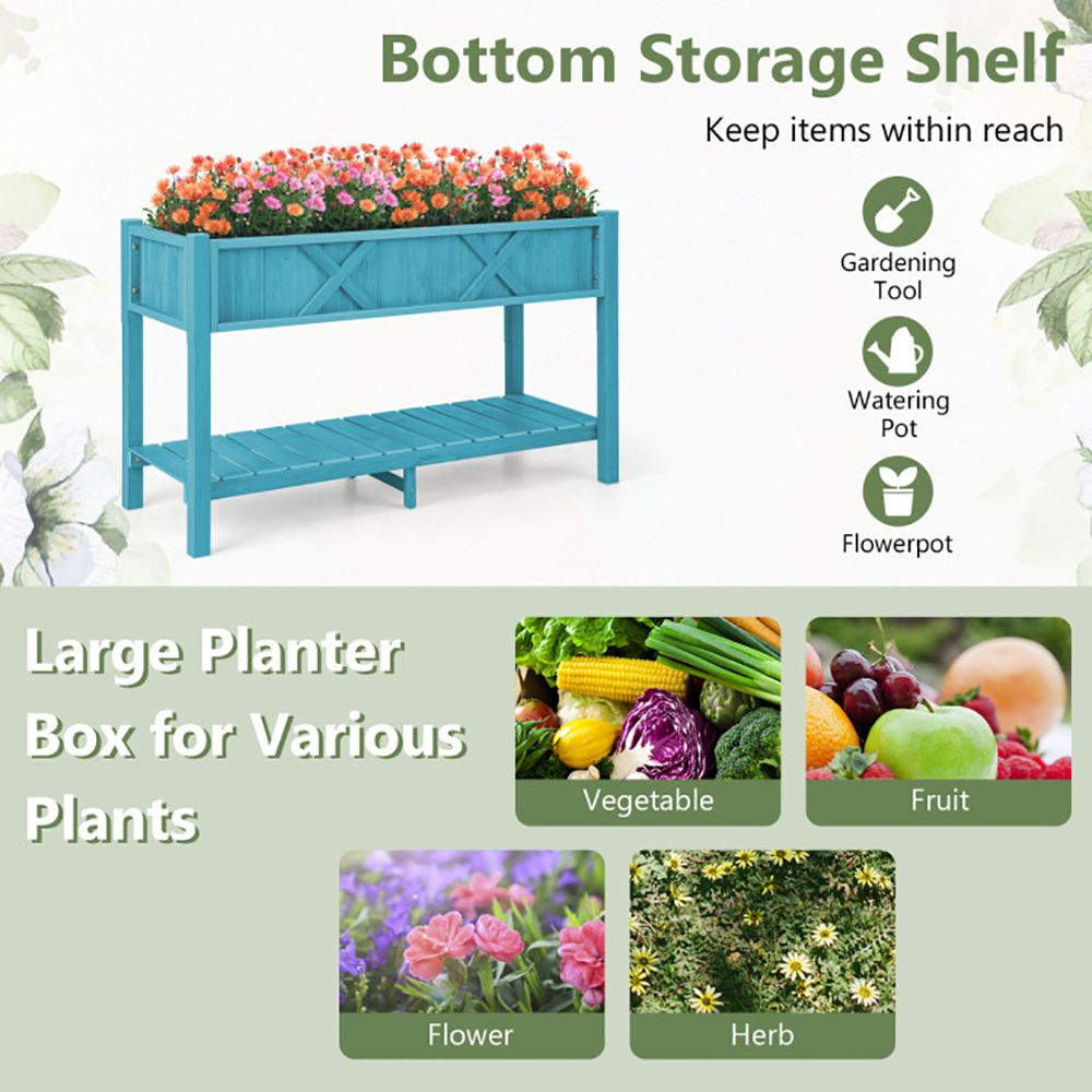 Elevated Planter Box with Storage Shelf and Efficient Drainage