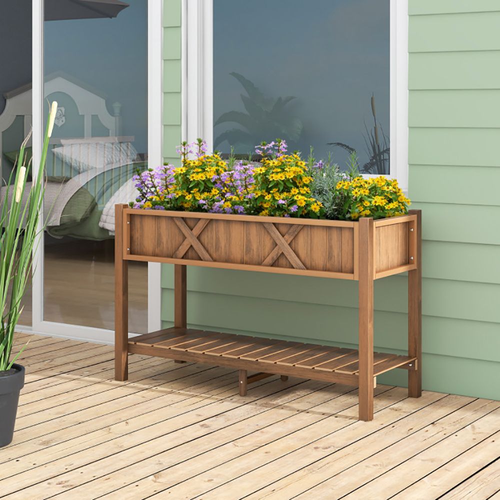 Elevated Planter Box with Storage Shelf and Efficient Drainage