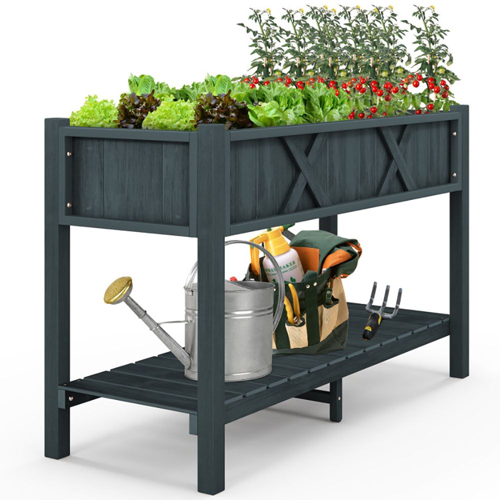 Elevated Planter Box with Storage Shelf and Efficient Drainage