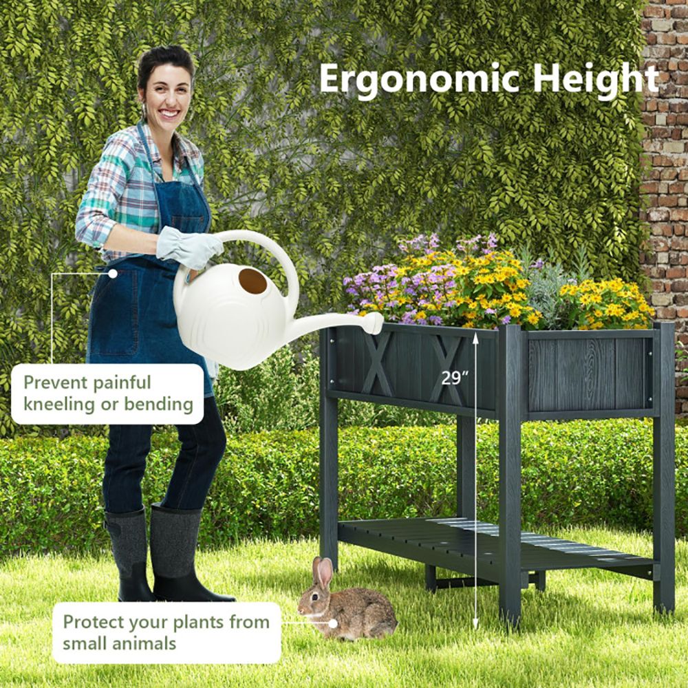 Elevated Planter Box with Storage Shelf and Efficient Drainage