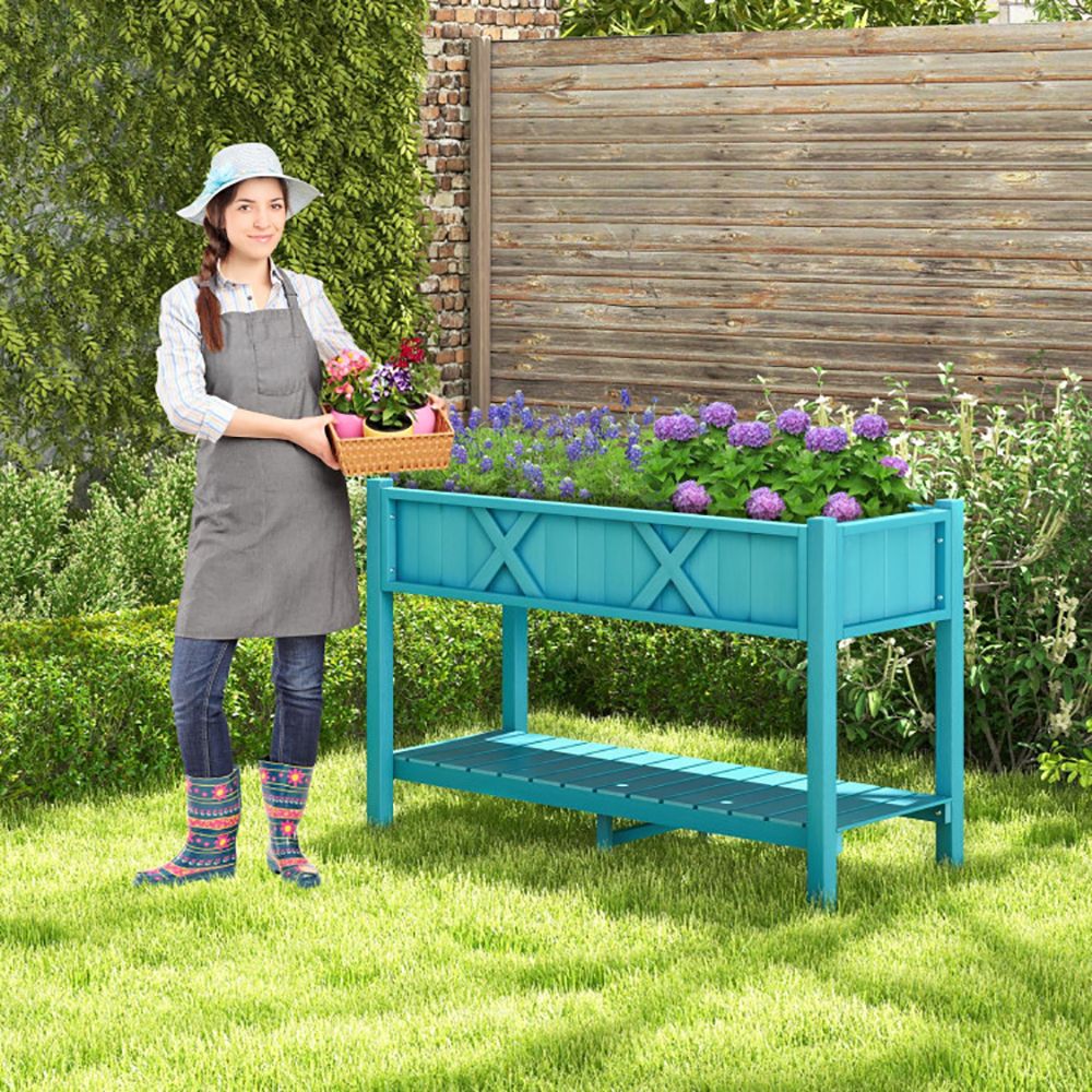 Elevated Planter Box with Storage Shelf and Efficient Drainage